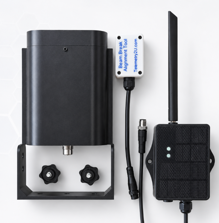 BB15 long-range beam-break sensor kit with mounting bracket, solar CPL03 telemetry node and audible alignment tool