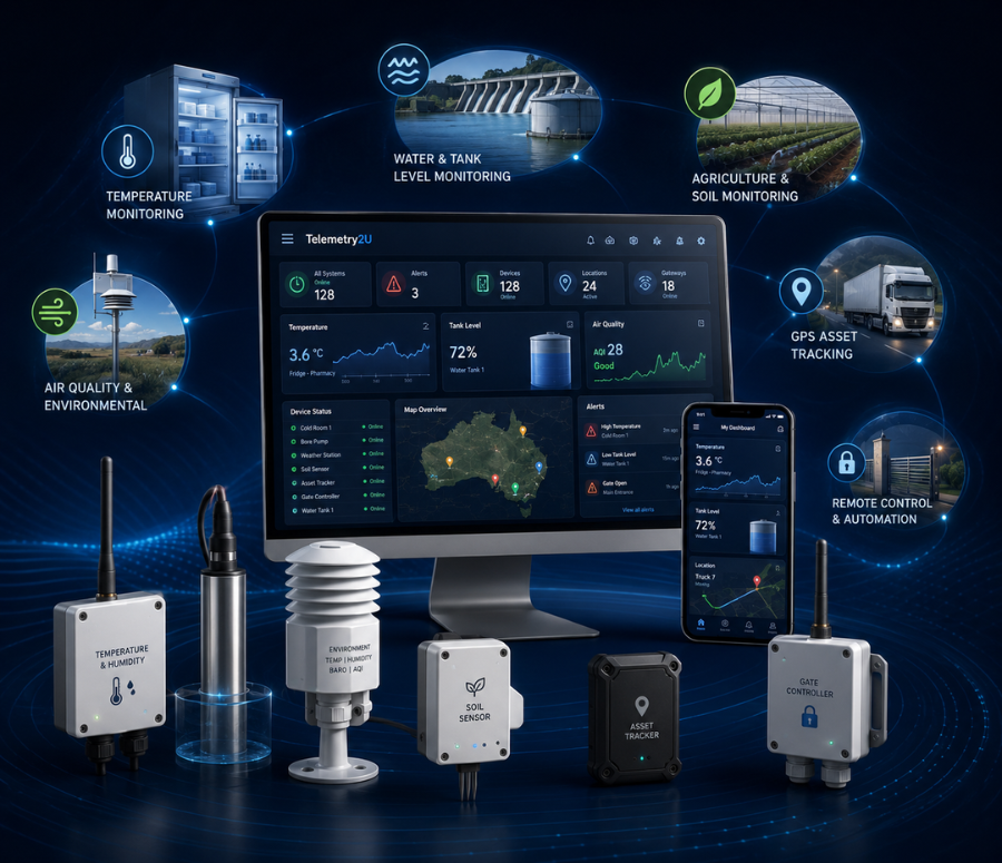 Telemetry2U IoT monitoring platform connecting temperature, water level, air quality, agriculture, GPS tracking and remote-control applications