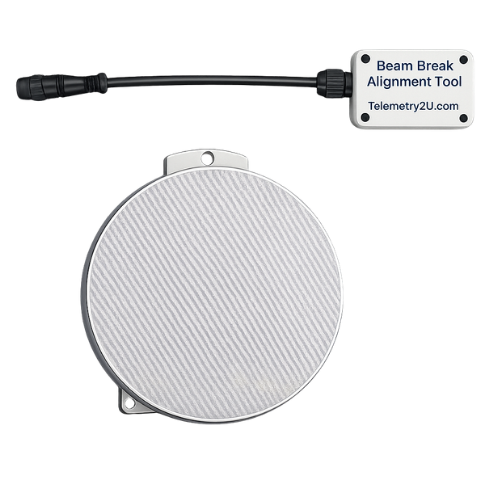 Standard 10-inch round reflector plate beside the Telemetry2U beam break alignment tool