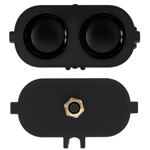 Front and rear views of the BB15 long-range beam-break sensor showing its optical lenses and rear connector