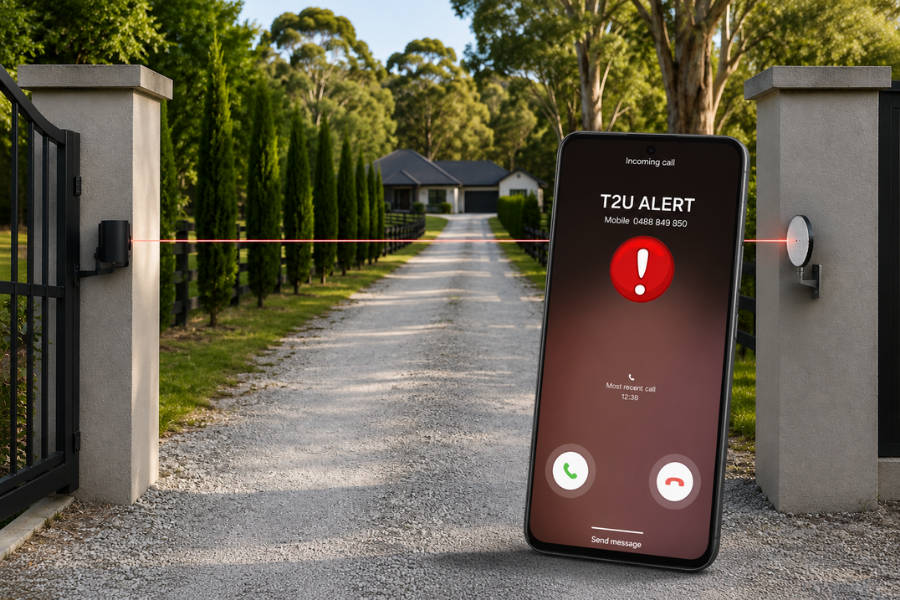 BB15 wireless beam-break driveway monitoring system with a reflector across a residential driveway and a Telemetry2U voice alert displayed on a smartphone