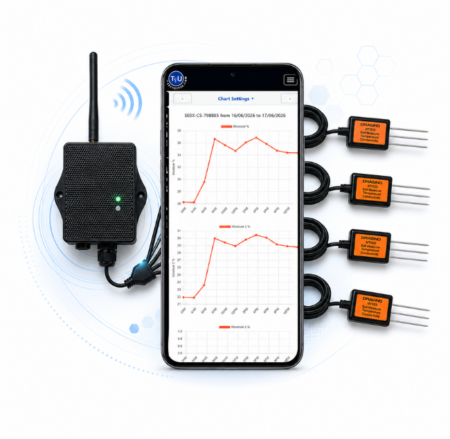 Dragino transmitter connected to four soil moisture, temperature and electrical conductivity probes with a Telemetry2U dashboard