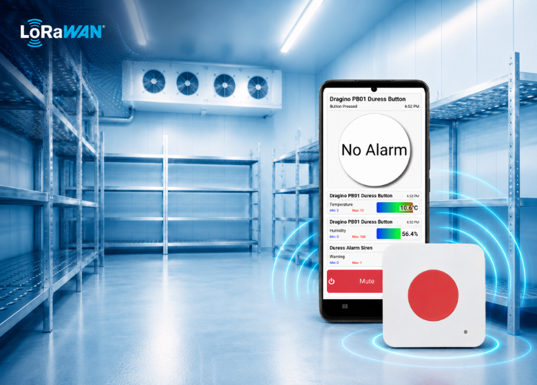 LoRaWAN panic button and monitoring dashboard inside a walk-in cold room