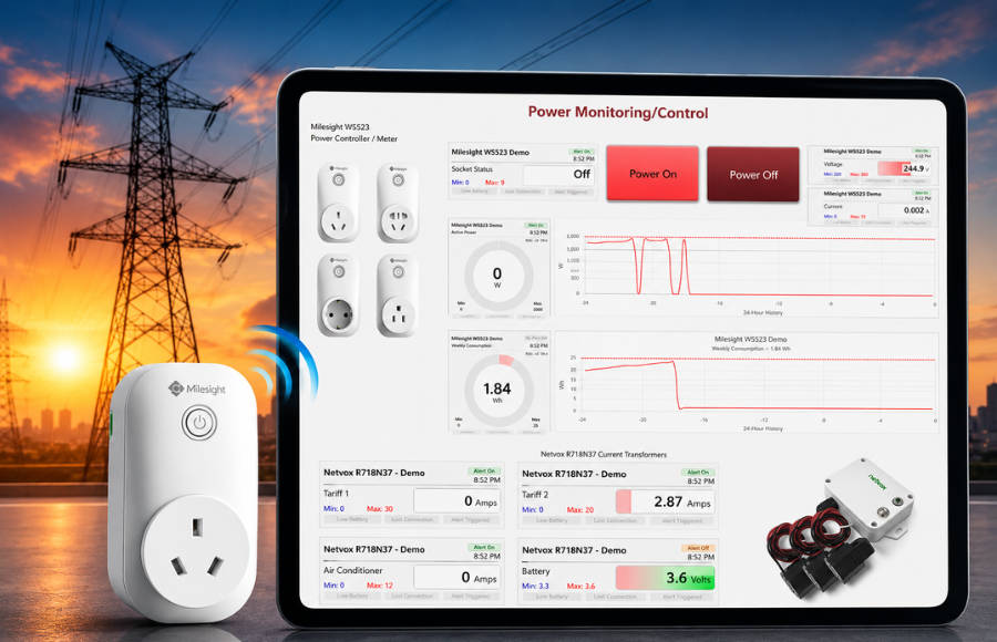 LoRaWAN energy monitoring dashboard with a smart power socket and electricity transmission tower