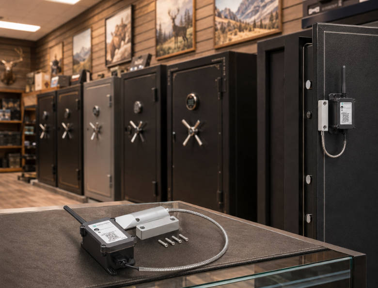 Firearm safe retailer monitoring kit displayed in a gun safe showroom, showing a door sensor package and monitored safes in the background