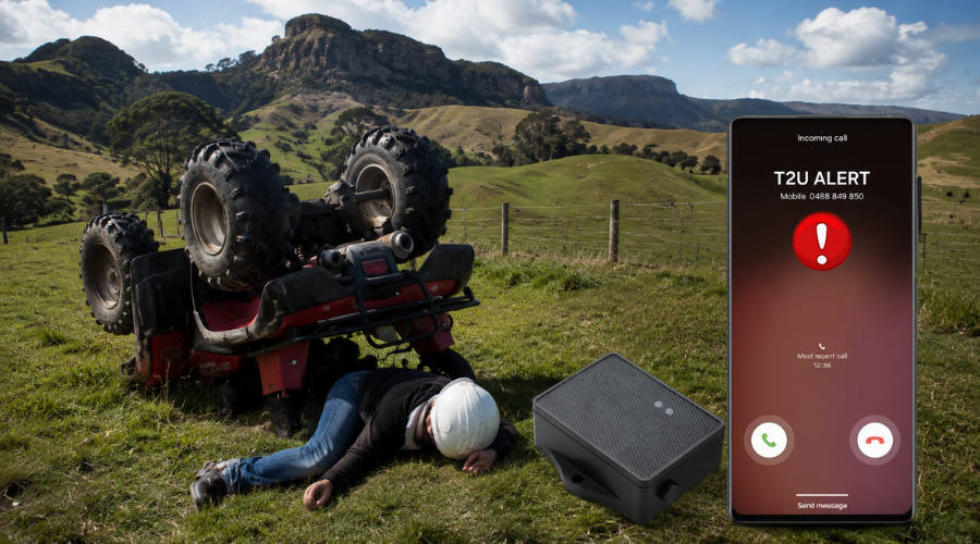 Overturned ATV with a worker-safety alert, tracker and smartphone alert screen