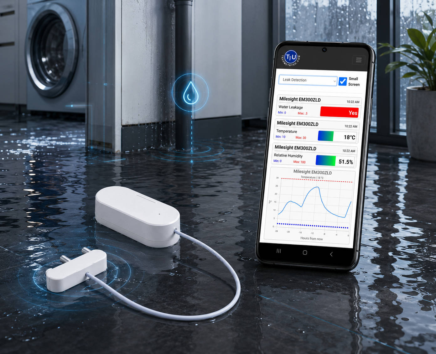 Wireless water leak sensor and Telemetry2U mobile dashboard in a flooded indoor plant-room setting