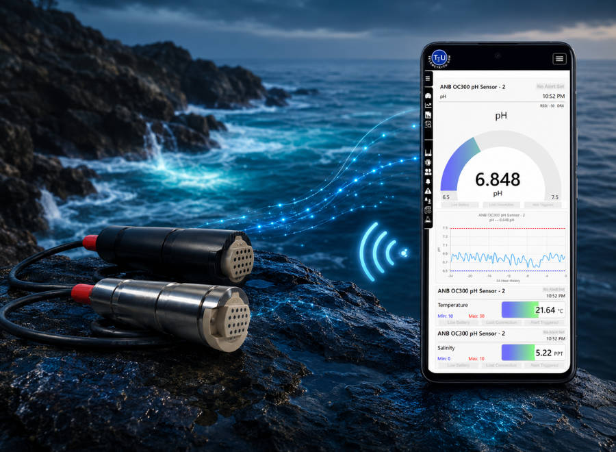 ANB solid-state pH sensors transmitting readings wirelessly to a Telemetry2U mobile dashboard beside a rocky coastline