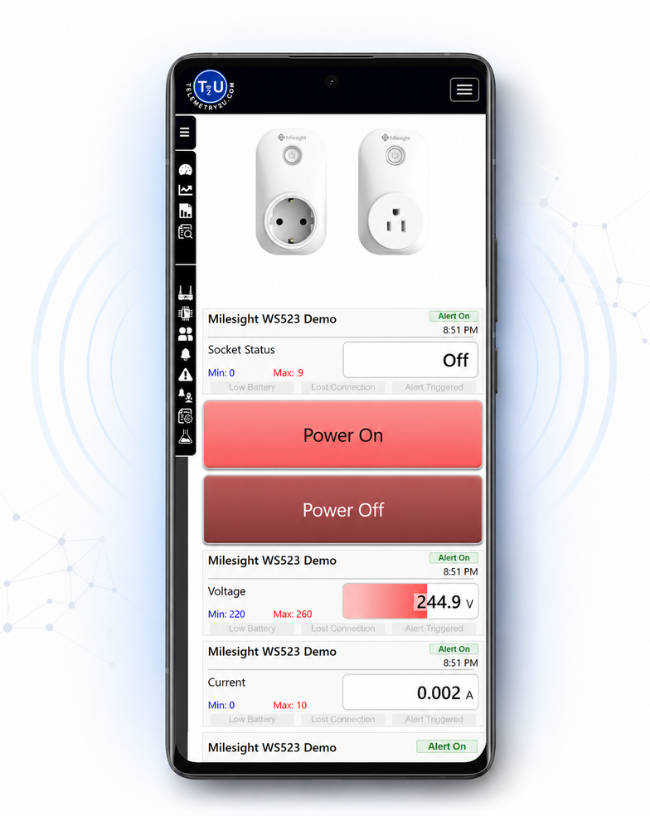 Telemetry2U mobile energy monitoring view with circuit current charts, accumulated consumption and smart socket controls