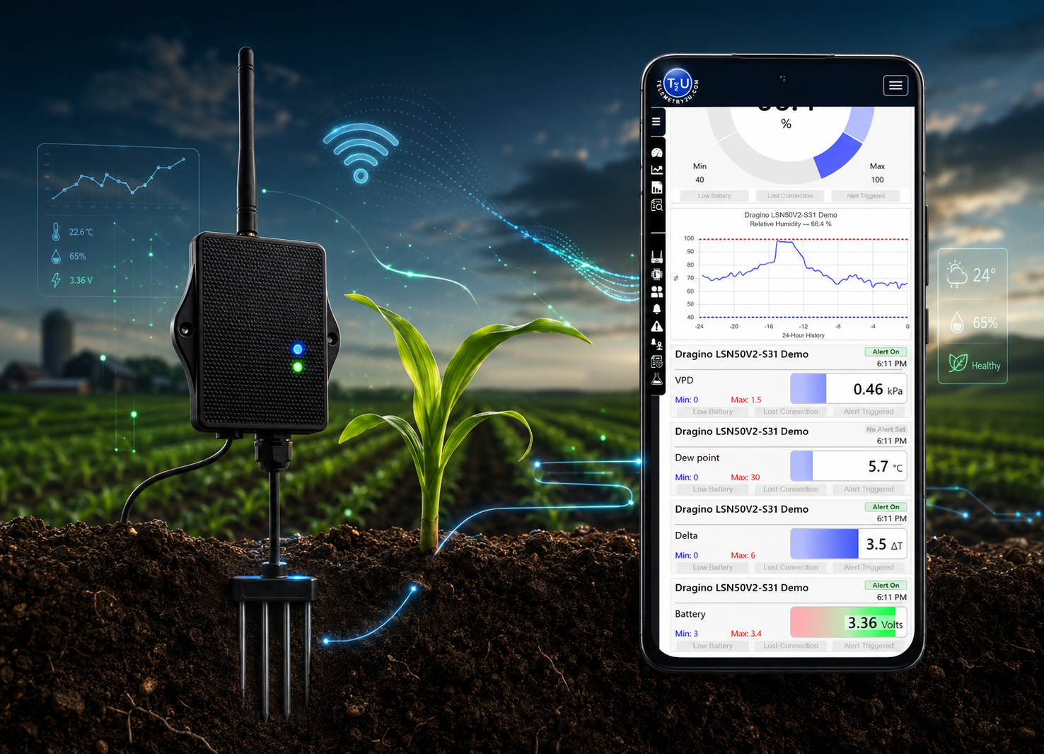 Wireless soil moisture and EC monitoring across a farm with Telemetry2U dashboards