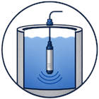 Submersible pressure sensor suspended in a water tank to measure the water column