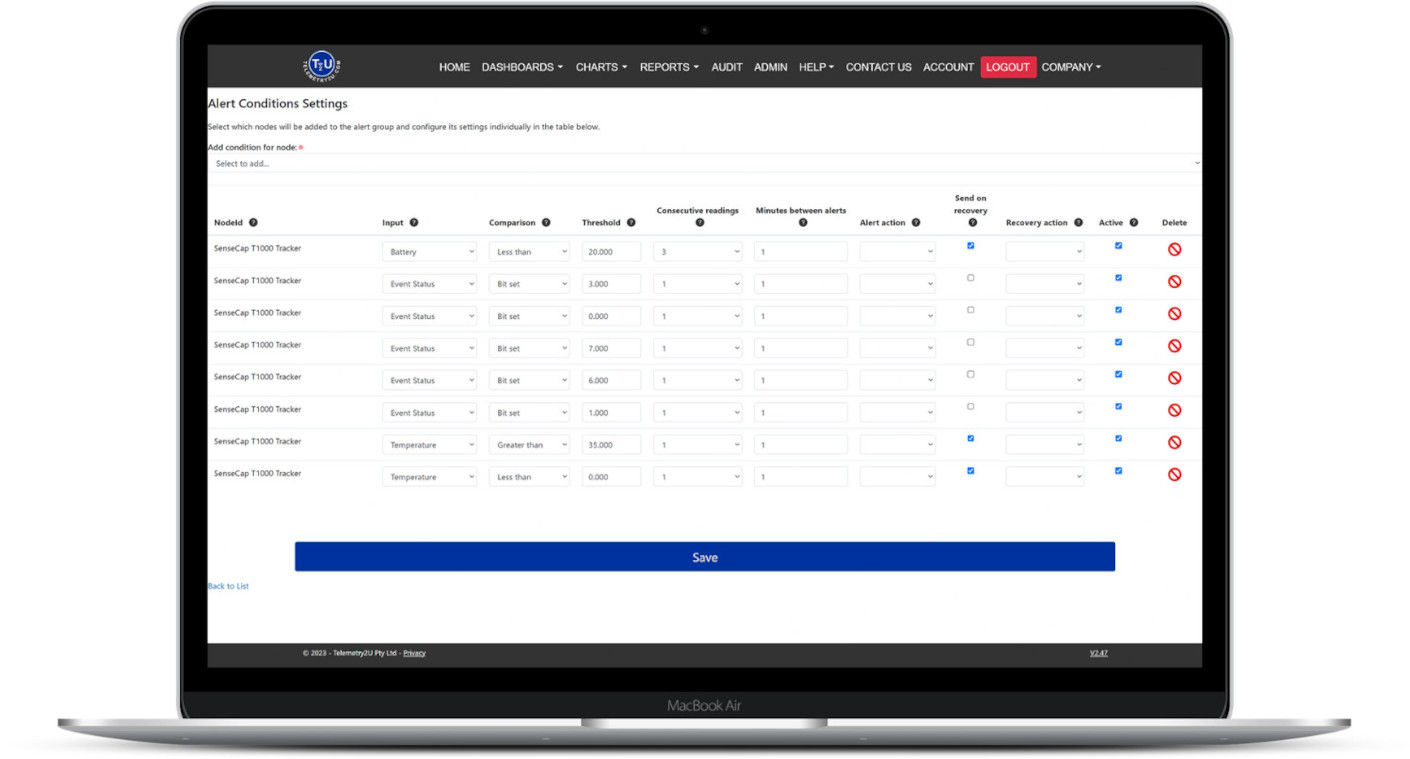 SenseCAP T1000A Alerts Configuration in Telemetry2U