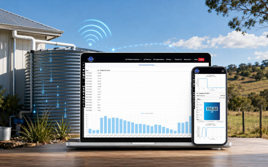 Remote rainwater tank monitoring with Telemetry2U dashboards displayed on a laptop and mobile phone