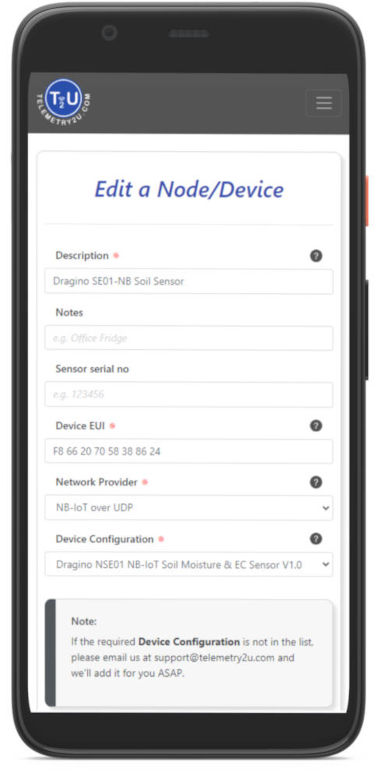 Step-by-step image showing how to add a Dragino LTE-M or NB-IoT device to the Telemetry2U IoT platform