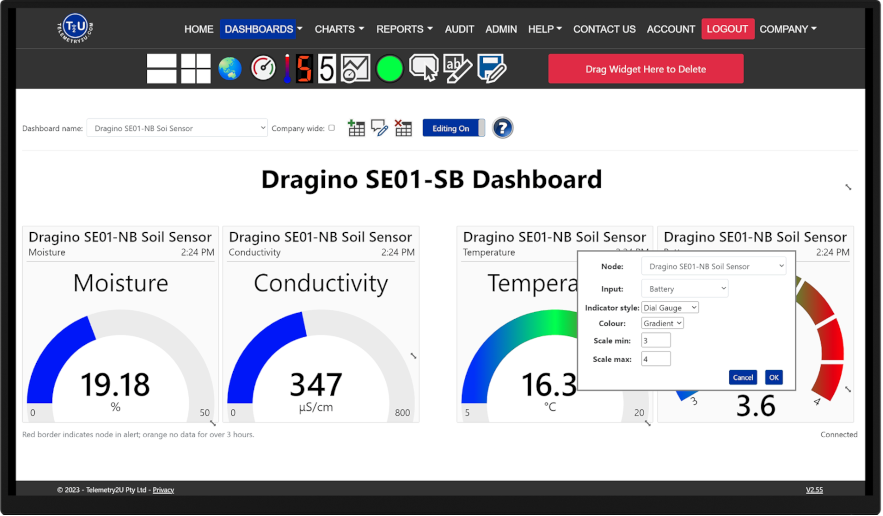 Example of a real-time LTE-M dashboard showing Dragino sensor data on the Telemetry2U IoT platform