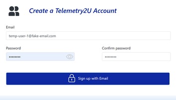 Telemetry2U temporary user account registration screen with a placeholder login and password fields