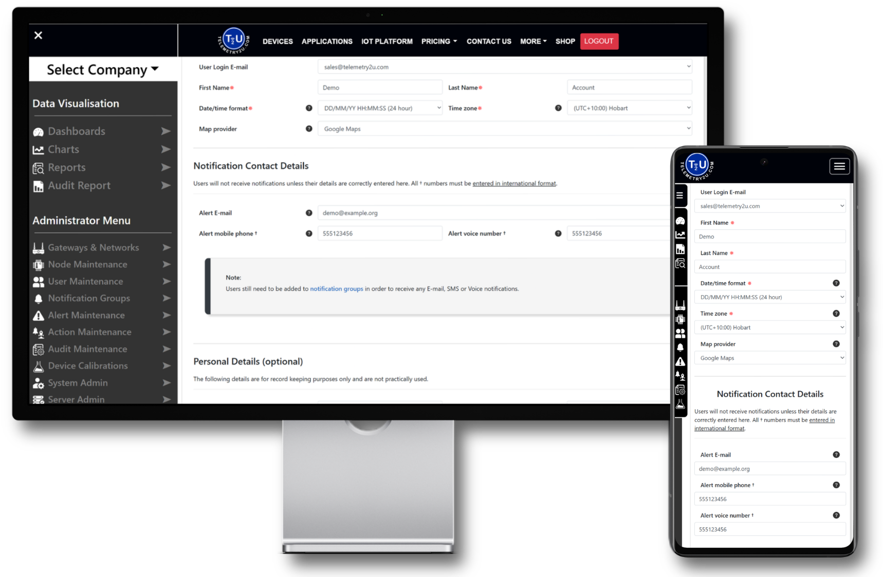 User configuration page showing access control settings on desktop and mobile