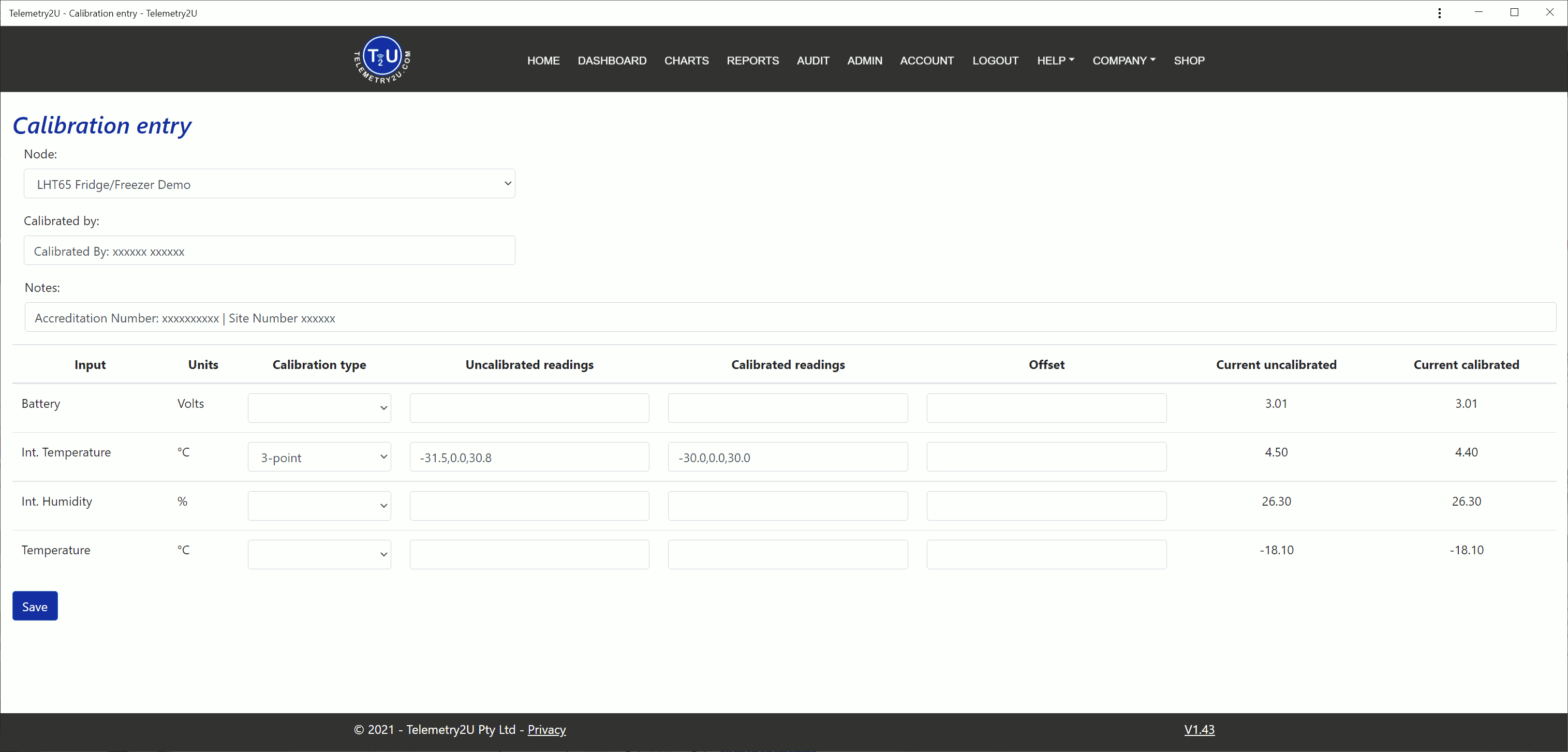 Example of the calibration entry form on the Telemetry2U platform