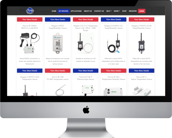 Telemetry2U IoT device store displayed on desktop screen, showing compatible LoRaWAN, NB-IoT and LTE-M sensors and gateways.