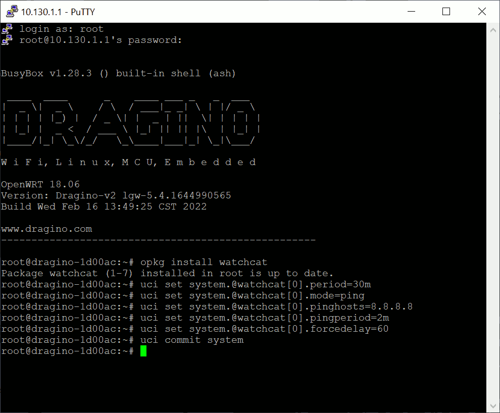 Watchcat configuration example for auto-rebooting LoRaWAN gateway